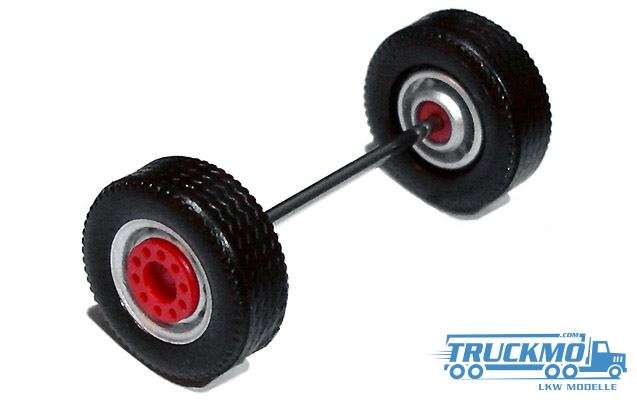 Herpa Wheelset 2 parts silver painted red MEDI wide tires, front axle and trailer axle 690152e
