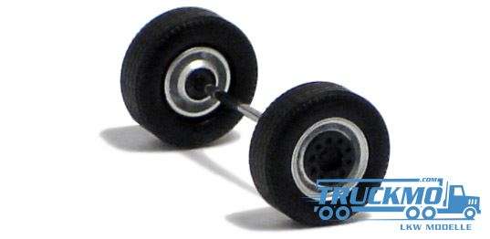 Herpa Wheelset 2 parts silver painted black MEDI wide tires, front axle and trailer axle 690151E