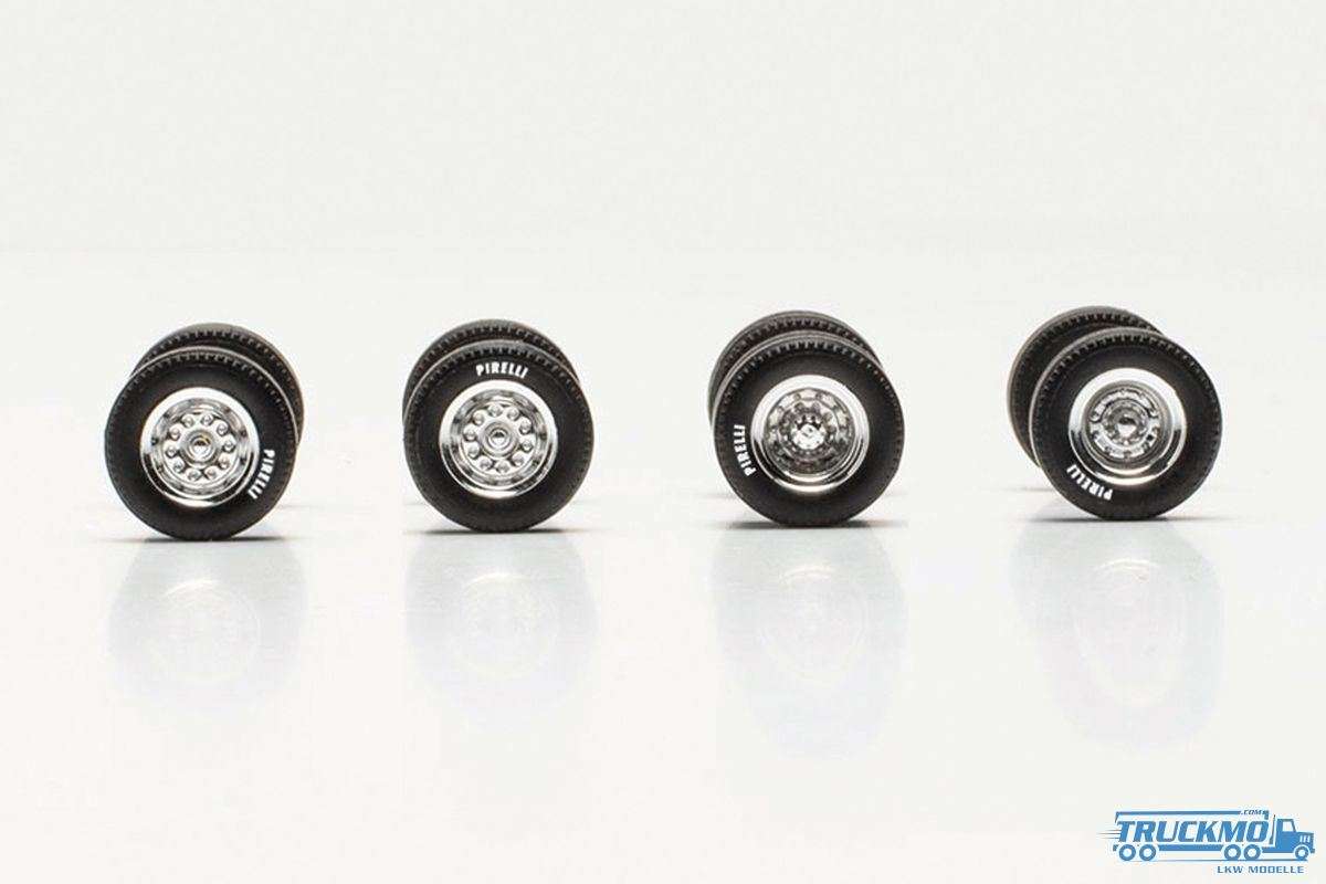 Herpa Pirelli wheel set midi chrome 7 pieces 1x steering, 1x fore/aft, 2x twin and 3x trailer axle 054348