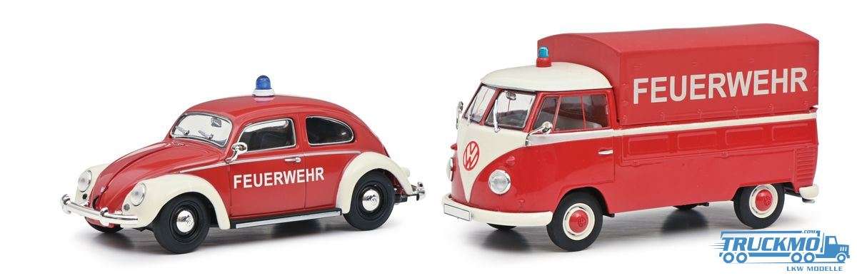Schuco fire department Volkswagen Beetle and Volkswagen T1 flatbed tarpaulin set of 2 red white 450774300