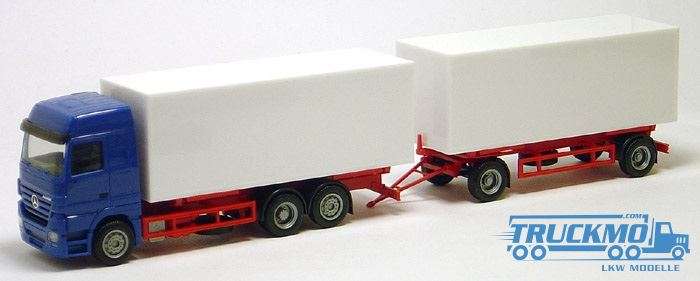 Herpa Mercedes Benz Actros LH02 interchangeable box trailer 3/2 axle FH blue, box white, chassis red BM900072