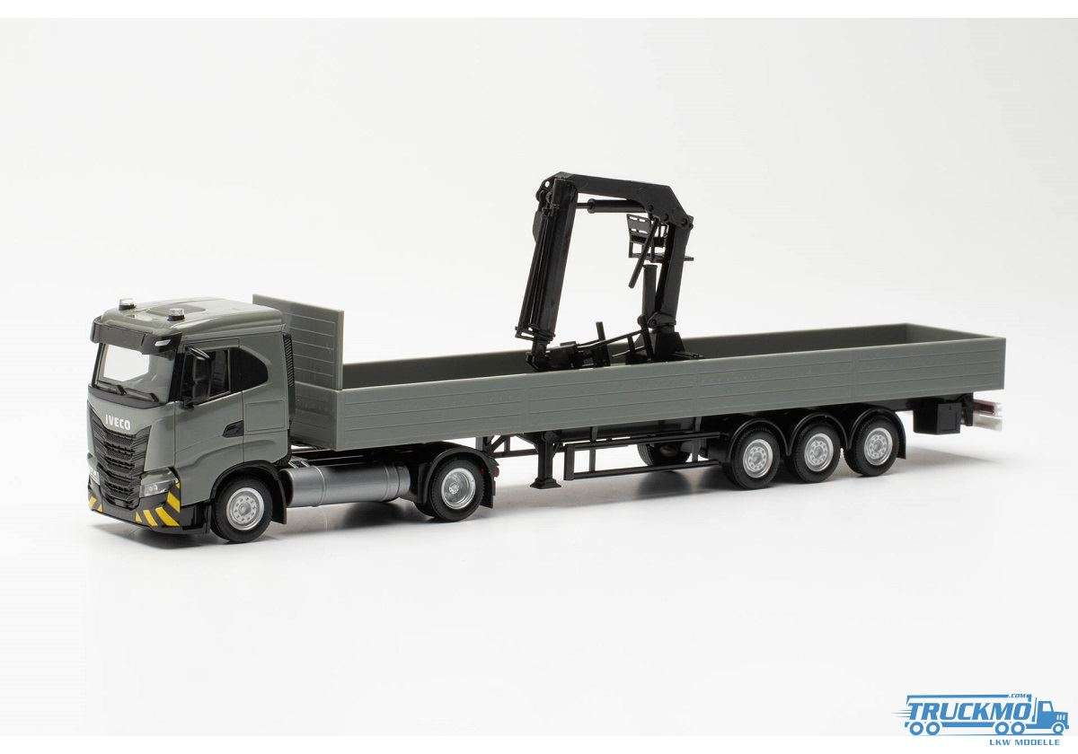 Herpa Iveco S-Way LNG ND Flatbed Semitrailer Loading Crane grey yellow 316415