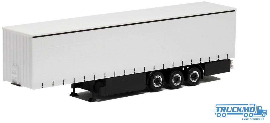 Herpa medi curtainsidetrailer 3axle (white with printed lashing straps, black chassis with pallet box) 640374