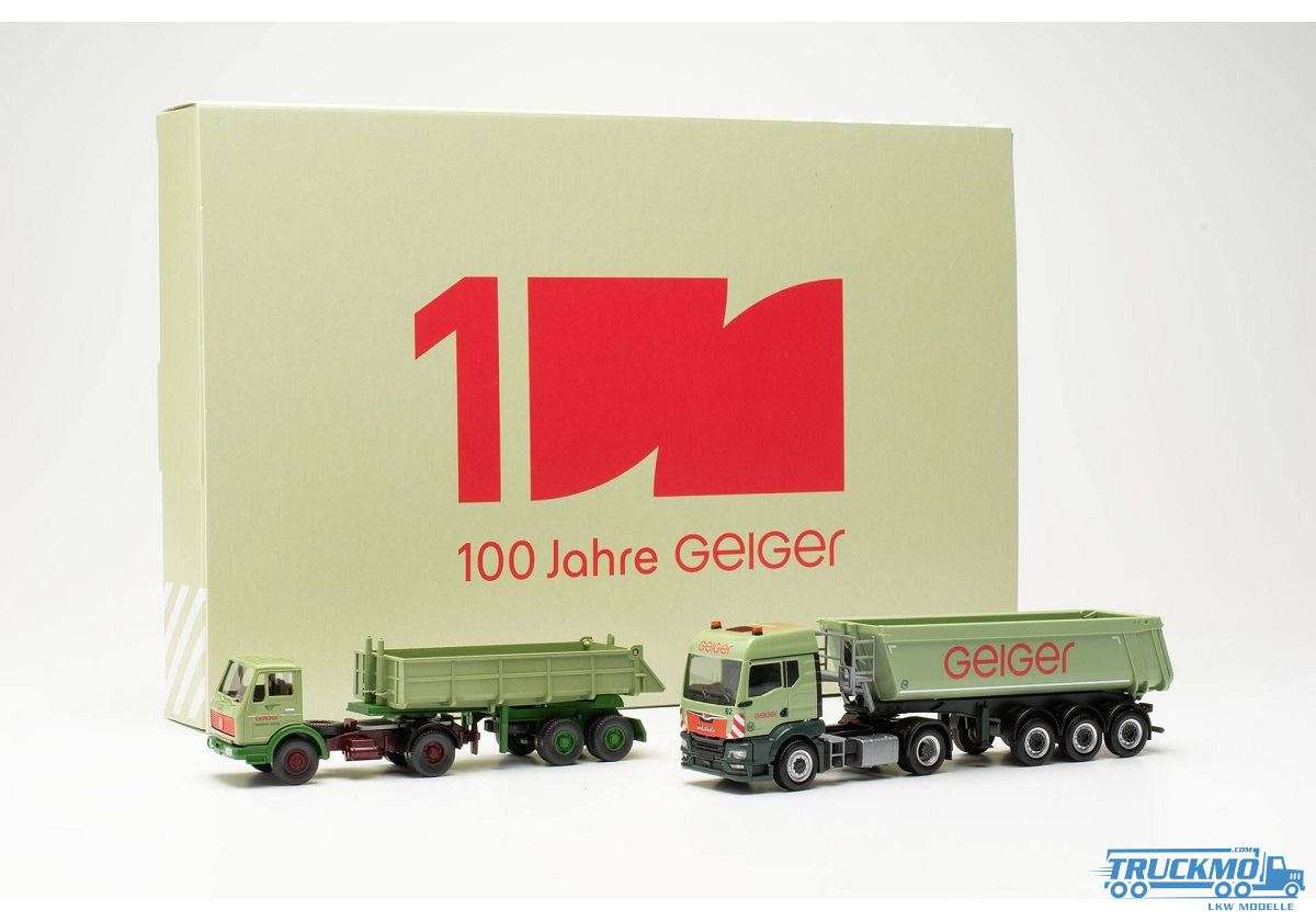 Herpa 100 Jahre Geiger MAN TGS TM Schmitz Schmitz Round type semitrailer + Mercedes Benz Construction tipper trailer 316699