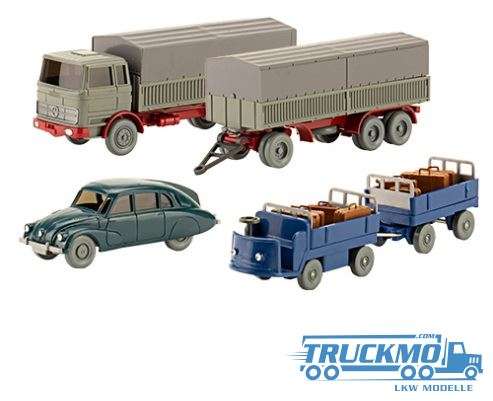 Wiking Set 95 electric truck with trailer + 2x suitcase Set + Mercedes Benz 1620 steel platform semitrailer + Tatra 603 243851