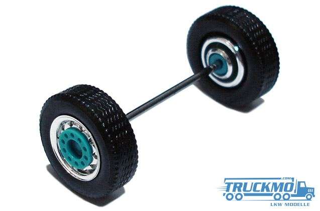 Herpa Wheelset 2 parts chrome turquoise, wide tires, front axle and trailer axle 690108d