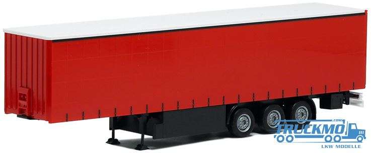 Herpa curtainside trailer 3axle (Plane red with printed lashing straps, top white, Chassis black with pallet box) 640371