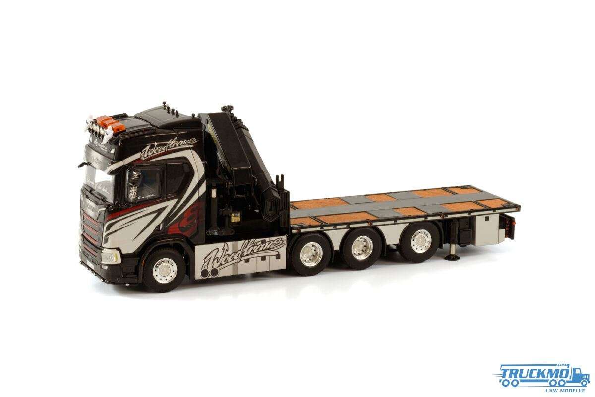WSI Wood Trans Scania R Highline CR20H 8x4 platform truck + Palfinger PK92002SH body-mounted crane 01-3812
