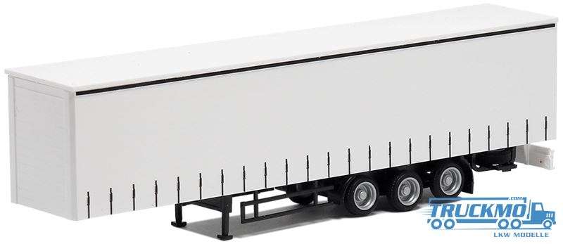 AWM Megatrailer curtainside trailer 3axle Plane white Chassis black with printed straps, 640407
